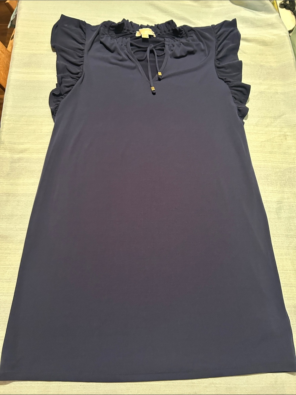 MICHAEL Kors Navy Ruffle Sleeve Tie-Neck with gold MK hardware knee length dress
